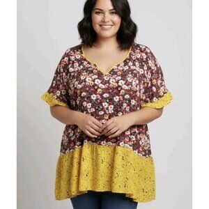 Suzanne Betro NWT Vibrant Floral Babydoll Tunic Short sleeve Top Size 2X